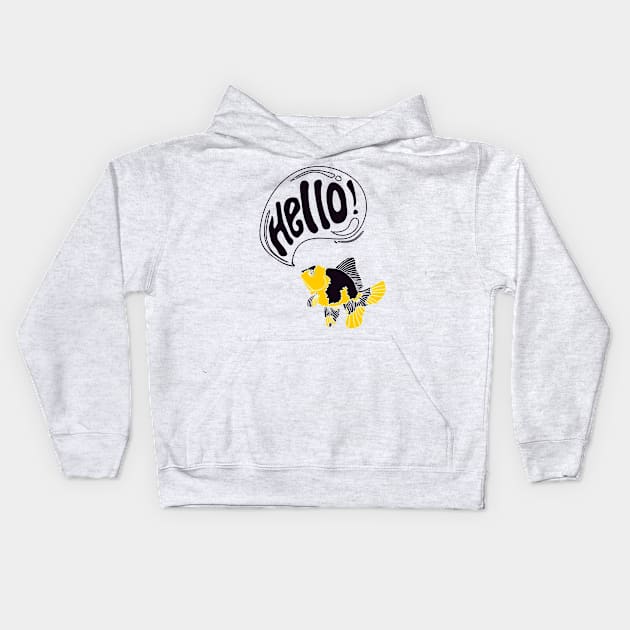 illustration of a yellow black goldfish greeting hello Kids Hoodie by bloomroge